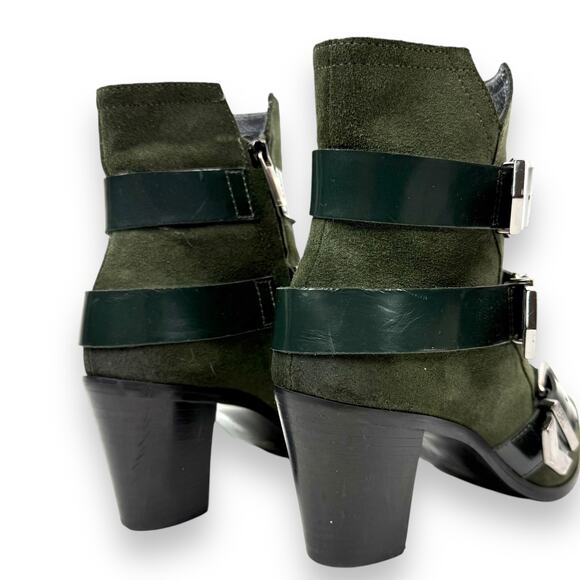 DIESEL green suede strapped buckle heeled pointed toe boots - Picture 15 of 16